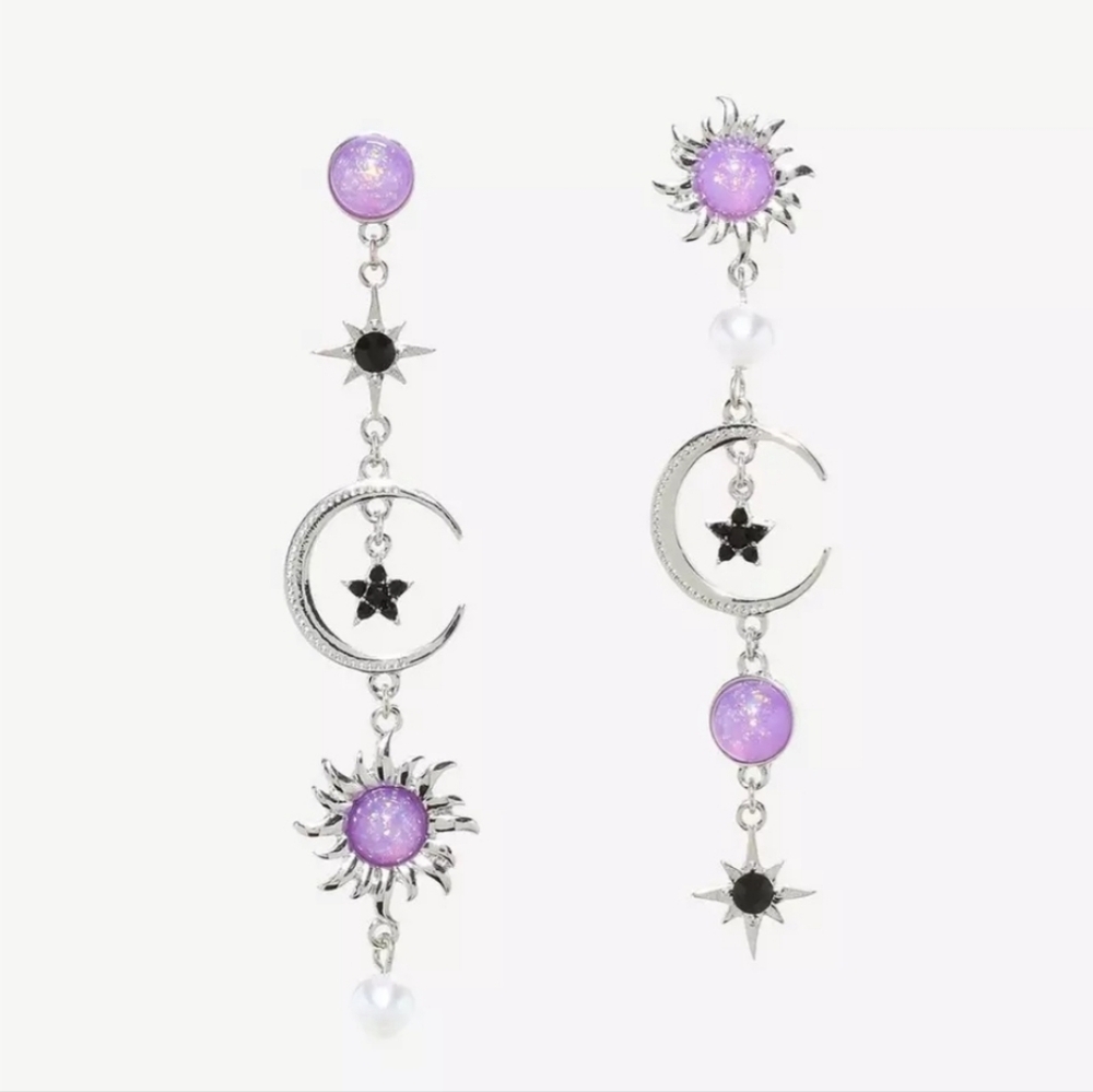 Celestial Purple Glitter Gem Drop Mismatch Earrings